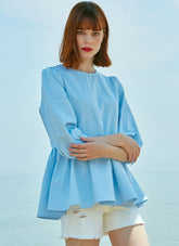 Relaxed Fit Linen Blouse With Peplum Hem And Three-Quarter Sleeves