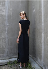 Linen Midi Dress with Waist Tie and Cap Sleeves – Minimalist Silhouette for Effortless Style