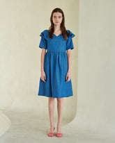Flared Linen Midi Dress with Ruffle Collar and Short Sleeves for Elegant Summer Outfits