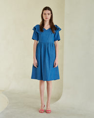 Flared Linen Midi Dress with Ruffle Collar and Short Sleeves for Elegant Summer Outfits