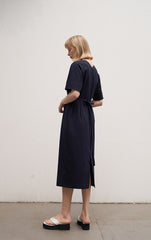 Women's Linen Midi Dress – Short Sleeve Button Front V-Neck Dress with Waist Tie