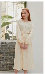 Button-Front Long Sleeve Midi Dress for Women in Soft Viscose Blend with Drawstring Waist