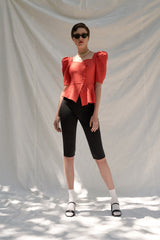 Linen Puff Sleeve Blouse with Sweetheart Neckline and Peplum Hem