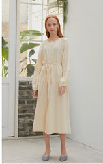 Button-Front Long Sleeve Midi Dress for Women in Soft Viscose Blend with Drawstring Waist