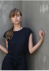 Linen Midi Dress with Waist Tie and Cap Sleeves – Minimalist Silhouette for Effortless Style