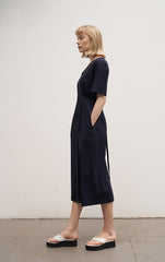 Women's Linen Midi Dress – Short Sleeve Button Front V-Neck Dress with Waist Tie