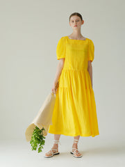 Linen Puff Sleeve Midi Dress With Square Neckline And Gathered Skirt