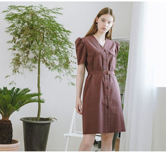 Tailored Linen Button-Down Dress With Puff Sleeves And Belted Waist For Elegant Summer Style