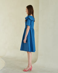 Flared Linen Midi Dress with Ruffle Collar and Short Sleeves for Elegant Summer Outfits