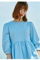 Relaxed Fit Linen Blouse With Peplum Hem And Three-Quarter Sleeves