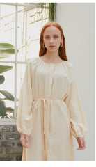 Button-Front Long Sleeve Midi Dress for Women in Soft Viscose Blend with Drawstring Waist