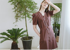 Tailored Linen Button-Down Dress With Puff Sleeves And Belted Waist For Elegant Summer Style