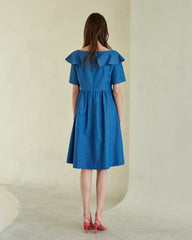 Flared Linen Midi Dress with Ruffle Collar and Short Sleeves for Elegant Summer Outfits