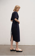 Women's Linen Midi Dress – Short Sleeve Button Front V-Neck Dress with Waist Tie