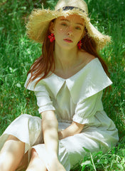 Midi Puff-Sleeve Linen Dress With Wide Sailor Collar And Shirred Waist