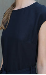 Linen Midi Dress with Waist Tie and Cap Sleeves – Minimalist Silhouette for Effortless Style