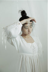 Lorena Linen Cotton Square Neck Lace Up Maxi Dress