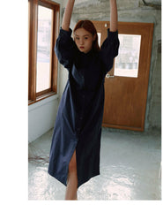 Relaxed Fit Linen Shirt Dress with Button Front and Long Sleeves