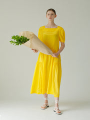 Linen Puff Sleeve Midi Dress With Square Neckline And Gathered Skirt