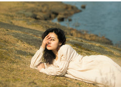 Laura Linen Cotton Square Neck Marie Sleeve Maxi Shirt Dress