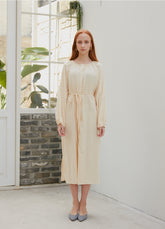 Button-Front Long Sleeve Midi Dress for Women in Soft Viscose Blend with Drawstring Waist