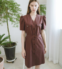 Tailored Linen Button-Down Dress With Puff Sleeves And Belted Waist For Elegant Summer Style