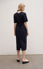 Women's Linen Midi Dress – Short Sleeve Button Front V-Neck Dress with Waist Tie