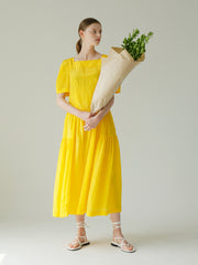 Linen Puff Sleeve Midi Dress With Square Neckline And Gathered Skirt