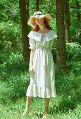 Midi Puff-Sleeve Linen Dress With Wide Sailor Collar And Shirred Waist