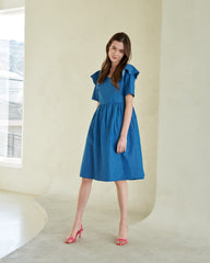 Flared Linen Midi Dress with Ruffle Collar and Short Sleeves for Elegant Summer Outfits