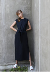 Linen Midi Dress with Waist Tie and Cap Sleeves – Minimalist Silhouette for Effortless Style
