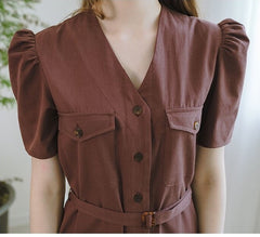 Tailored Linen Button-Down Dress With Puff Sleeves And Belted Waist For Elegant Summer Style