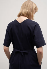 Women's Linen Midi Dress – Short Sleeve Button Front V-Neck Dress with Waist Tie