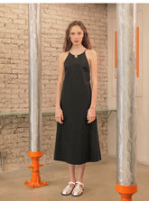 Square-Neck Backless Midi Dress In Premium Linen With Spaghetti Strap Detail