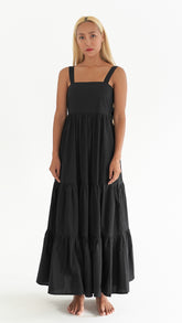 Sleeveless Tiered Linen Dress With Square Neckline And Open Back Bow Detail