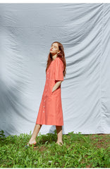 Button-Front A-Line Linen Dress With Contrast Stitching And Half Sleeves