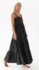 Sleeveless Tiered Linen Dress With Square Neckline And Open Back Bow Detail