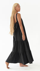 Sleeveless Tiered Linen Dress With Square Neckline And Open Back Bow Detail