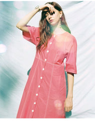 Button-Front A-Line Linen Dress With Contrast Stitching And Half Sleeves