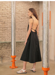 Square-Neck Backless Midi Dress In Premium Linen With Spaghetti Strap Detail