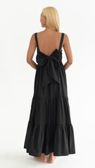 Sleeveless Tiered Linen Dress With Square Neckline And Open Back Bow Detail