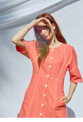 Button-Front A-Line Linen Dress With Contrast Stitching And Half Sleeves