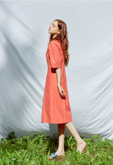 Button-Front A-Line Linen Dress With Contrast Stitching And Half Sleeves