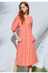 Button-Front A-Line Linen Dress With Contrast Stitching And Half Sleeves