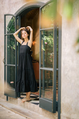 Sleeveless Tiered Linen Dress With Square Neckline And Open Back Bow Detail