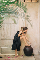 Sleeveless Tiered Linen Dress With Square Neckline And Open Back Bow Detail