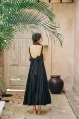 Sleeveless Tiered Linen Dress With Square Neckline And Open Back Bow Detail