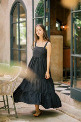 Sleeveless Tiered Linen Dress With Square Neckline And Open Back Bow Detail