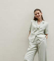 Short Sleeve Notch Collar Linen Shirt with Tailored Fit and Front Button Detailing