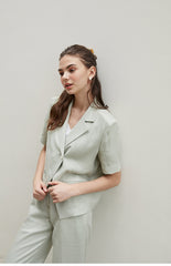 Short Sleeve Notch Collar Linen Shirt with Tailored Fit and Front Button Detailing